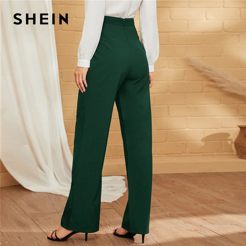 SHEIN Green двубортные прямые однотонные длинные брюки женские осенние с высокой талией прямые элегантные офисные платья Брюки