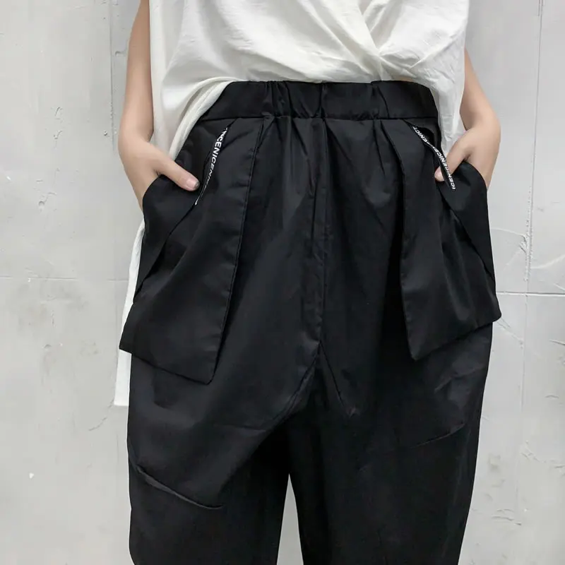 

XITAO Black Wide Leg Pants Fashion New Women Elastic Waist Pocket Pleated Small Fresh Calf Length Pants 2021 Summer WLD6313