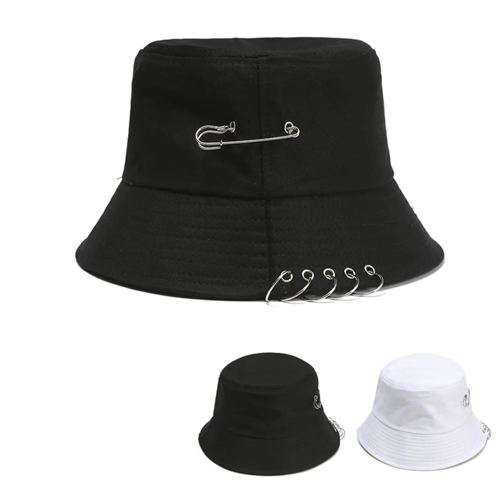 

Summer Men's and Women's Bucket Hat Fashion Casual Sunshade Solid Color Fisherman's Pin Small iron Ring Basin Flat Outdoor Hat
