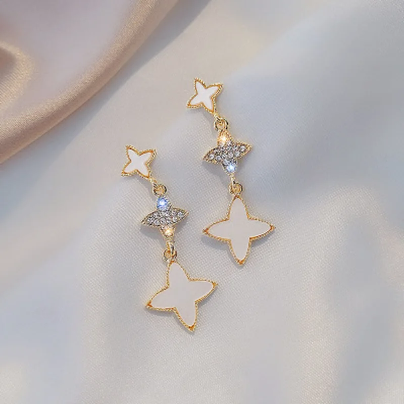 

Origin Summer Temperament Rhinestone Four Petal Flower Dangle Earrings for Women Luxury Birthday Gift Jewellery Accessories
