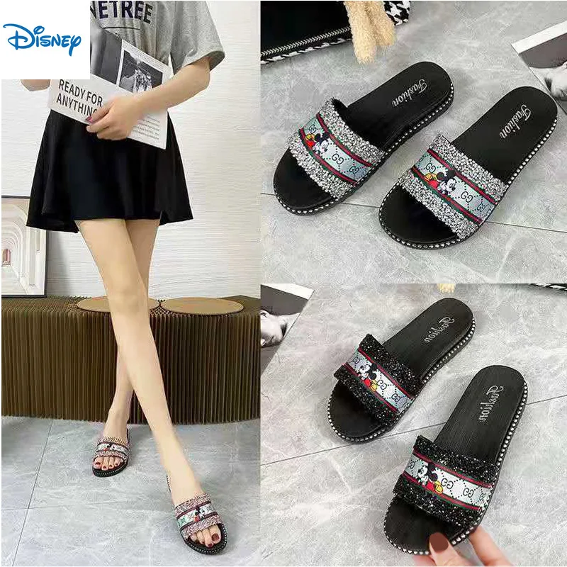 

2021 Disney women's slippers summer fashion slippers flash diamond crystal Mickey cartoon flat shoes