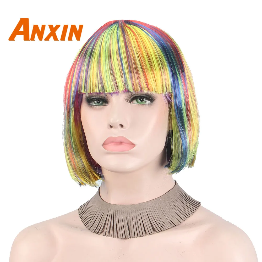 

Парик Anxin короткий с челкой, разноцветный, для праздников, Хэллоуина, Дня благодарения, косплея, вечеринок, для чернокожих женщин