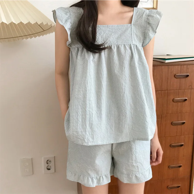 Cotton lotus edge sweet sling skirt Korean summer Plaid nightdress women lovely home dress lady nightgown Female sleepwear