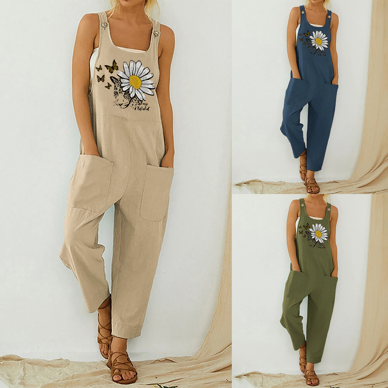 Женский свободный комбинезон с бабочкой и цветочным принтом U-образный воротник