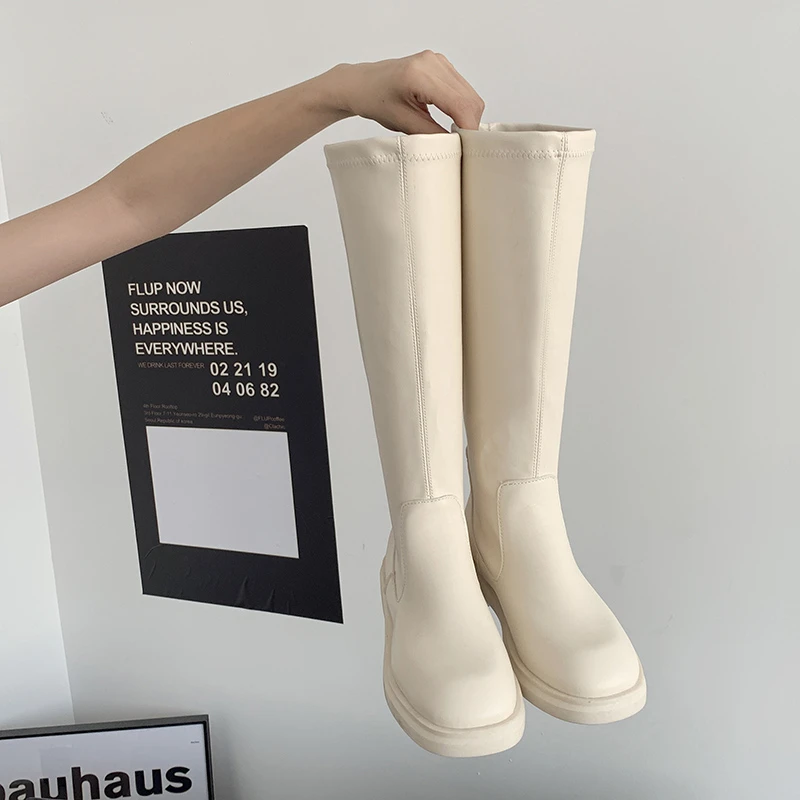 

Women Platform Boots 2022 Winter Leather Long Zipper Elastic Boots Fashion Black Beige Mid Calf Boots Round Toe Slip on Riding