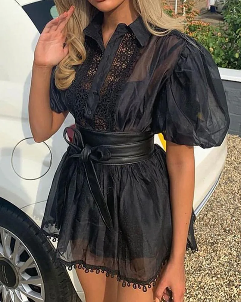 Кружевное мини-платье с рукавами-фонариками и поясом | Женская одежда