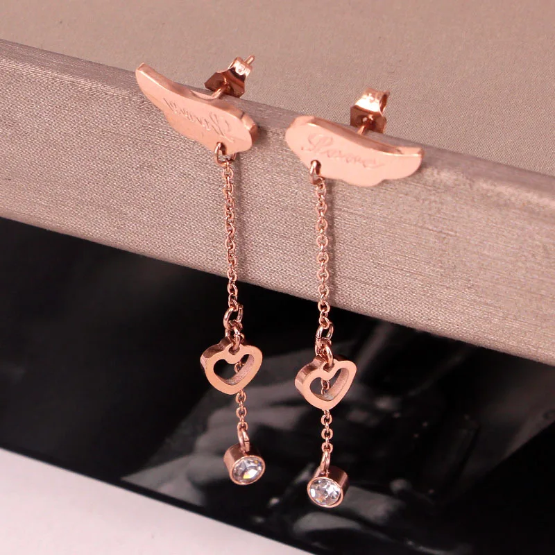 

Fashion Western style love wings tassel heart Crystal hanging Drop earrings angel wings lady Woman party Wedding Gift