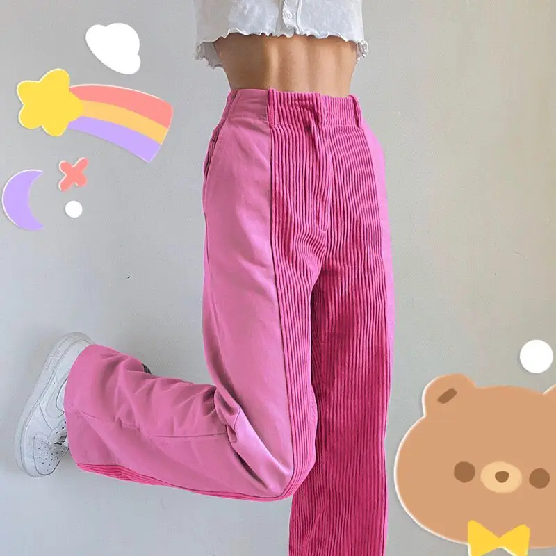 

Aesthetic Hot Harajuku Corduory Pants Patchwork Baggy Cute Pocket High Waist Trousers Loose Streetwear For Women Y2k Oversize BF
