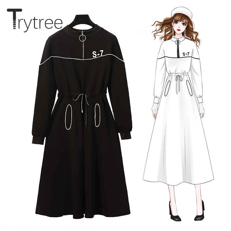 Trytree 2019 Осень Зима Женское Повседневное платье с o образным вырезом на молнии