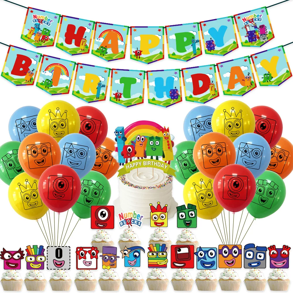 Numberblocks-decoraci&oacute;n para fiesta de cumplea&ntilde;os, vajilla desechable, globos, Pancarta, adornos para pasteles, plato, taza, servilleta, feliz cumplea&ntilde;os para ni&ntilde;os-2