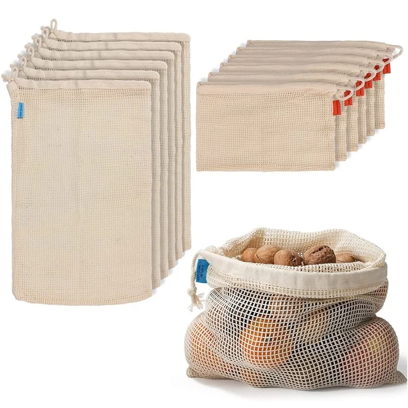 

Reusable Produce Bags Durable Mesh Organic Cotton Muslin Bags Eco-Friendly Grocery Bags with Single Drawstring for Storage