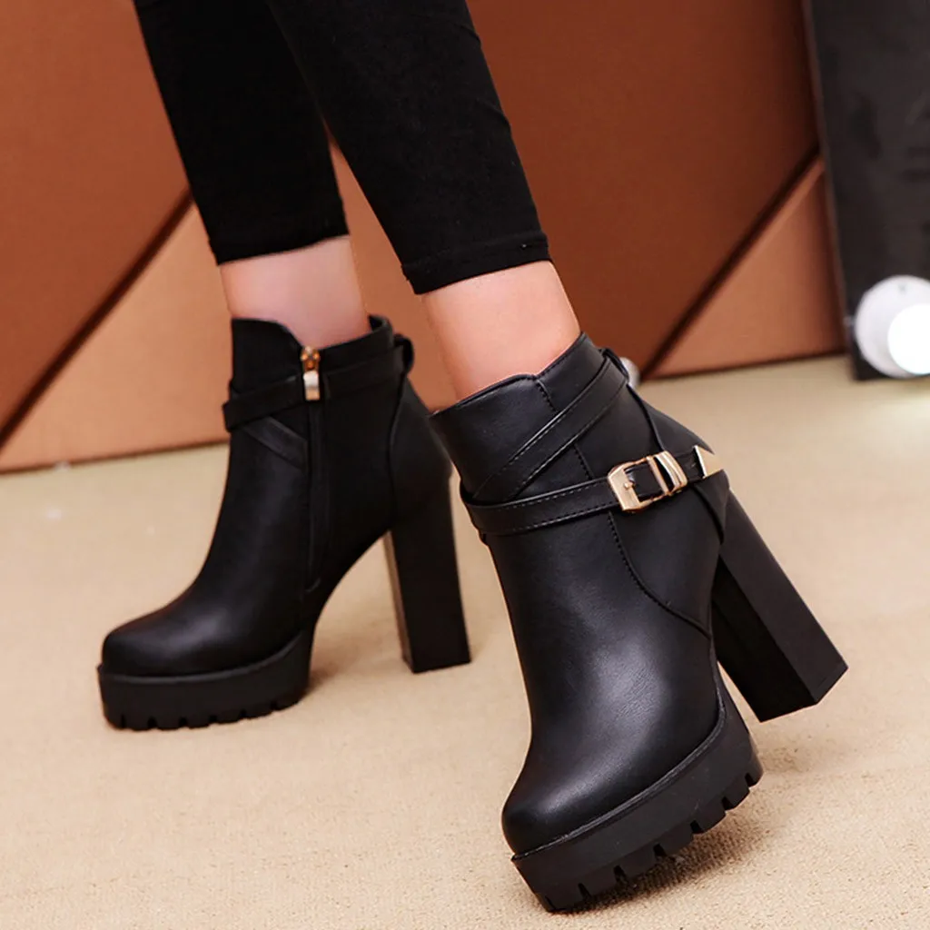 Женские теплые зимние сапоги на платформе модные молнии с ремешком и пряжкой