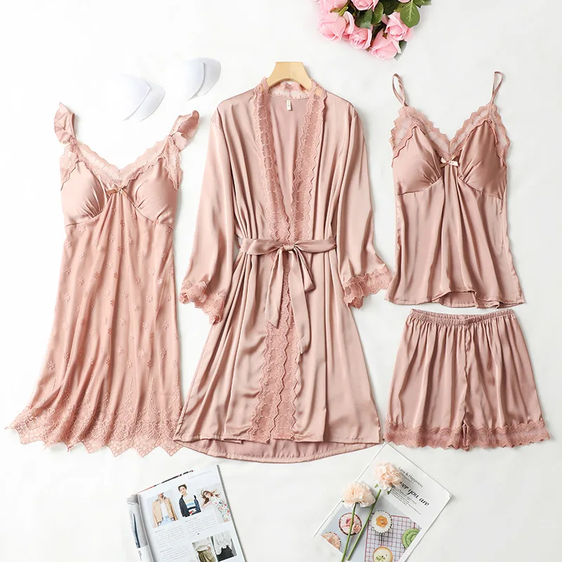 

Robe Pajams Set Summer Womens Sleepwear Bathrobe 2022 New Nightgown Sexy Strap Top&Shorts Lace Kimono Pijamas Suit Homewear