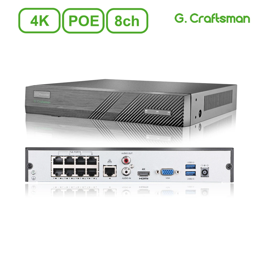 

Сетевой видеорегистратор 8ch 4K POE NVR H.265 Onvif 1 HDD 24/7 записывающая IP камера P2P Guard Viewer Поддержка Mac G.Craftsman