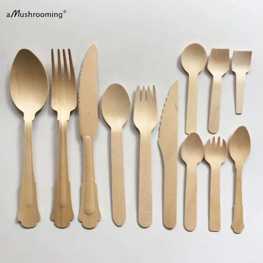 100x Disposable Cutlery Wooden Flat Spoons - Wedding Party Utensils Mini Dessert Large Sizes Spoon Fork Knife 7cm to 20cm | Дом и сад