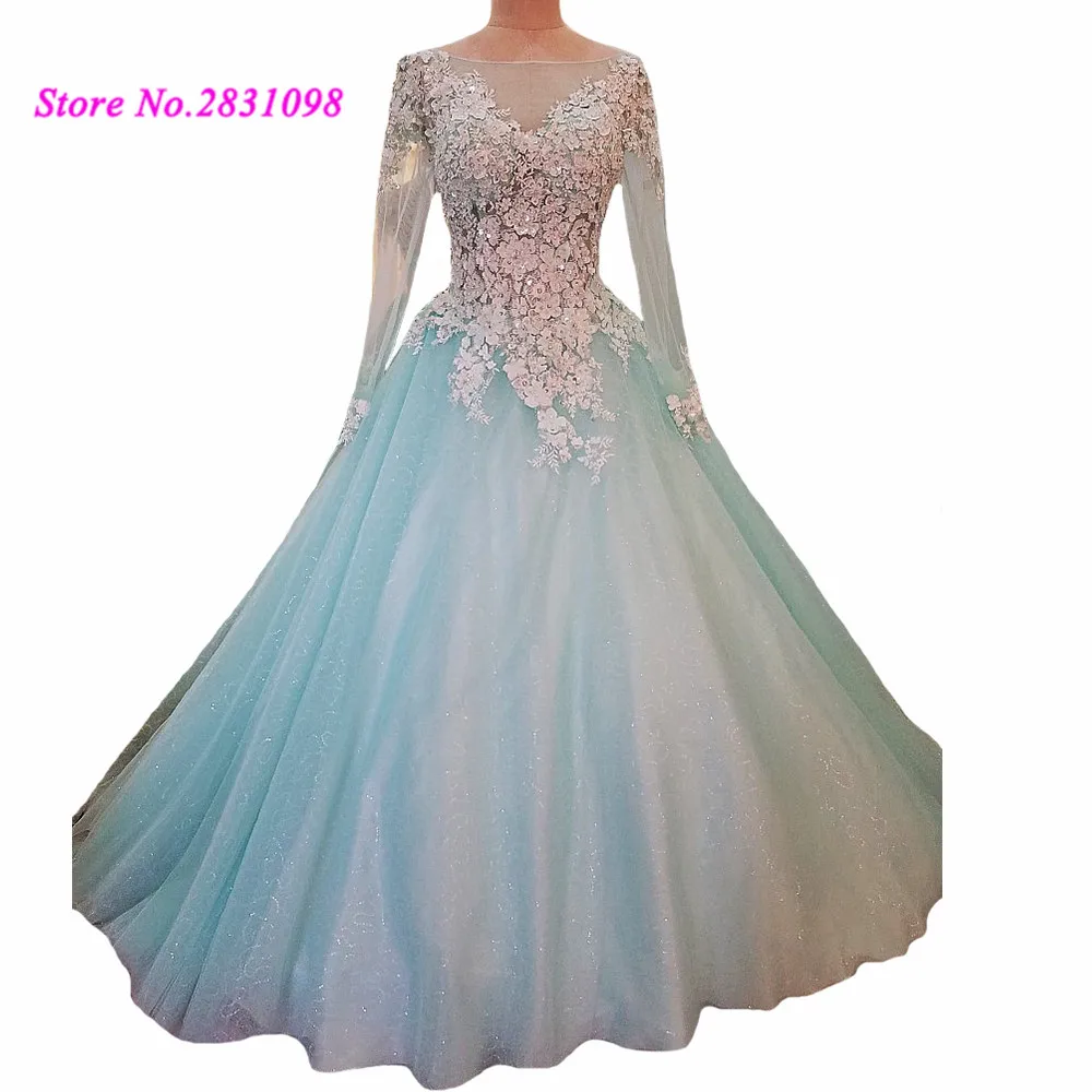 Мятно зеленый белый кружевной свадебный наряд с длинным рукавом корсет на спине