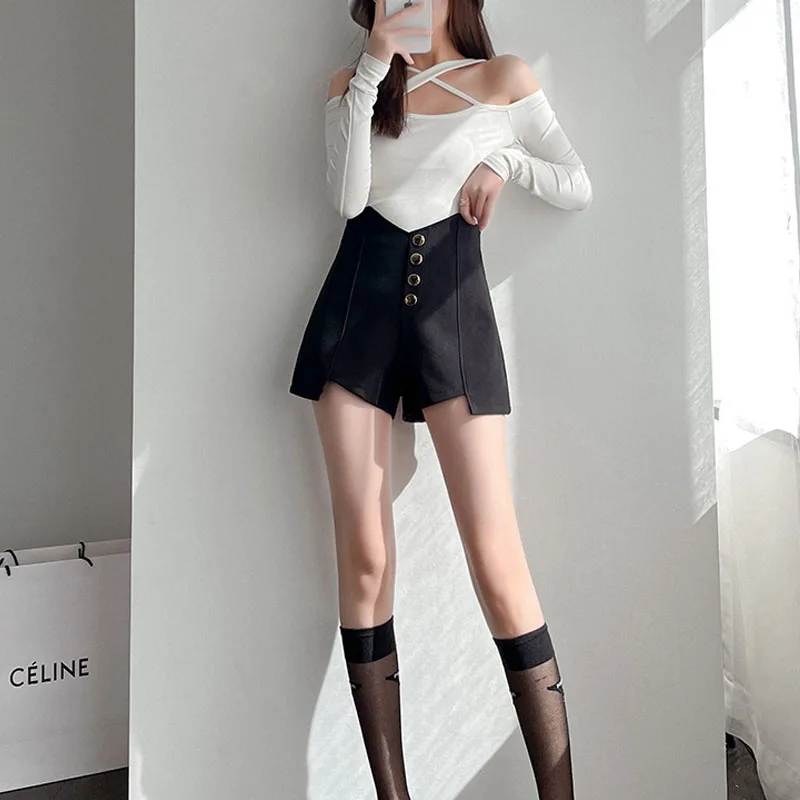 

Женские шорты 2022 Корейская версия эластичных черных широких брюк с высокой талией подходящая ко всему тонкая верхняя одежда ботинки брюки