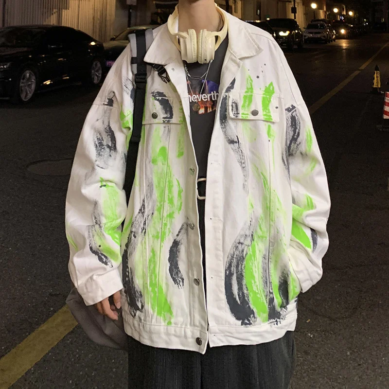 

Хлопковая джинсовая куртка с граффити, мужские Модные повседневные джинсовые куртки с принтом, Мужская Уличная одежда, свободная куртка-бо...