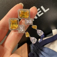 vintage palace crystal earrings micro set yellow gemstone square zircon 925 silver needle elegant banquet for women fine jewelry