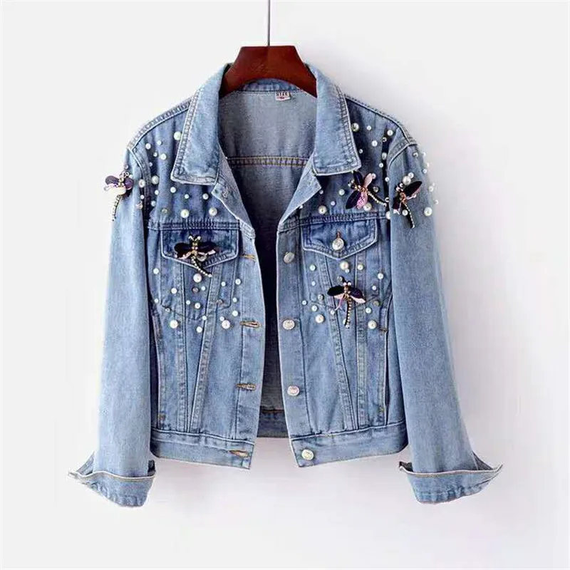 2021 New Autumn Women’s Denim Jacket Long Sleeve Coat Heavy Industry Button Pearls Short Jackets Casual Female Outwear