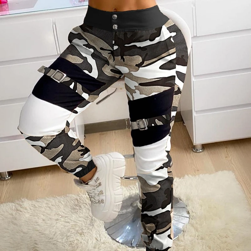 

Модные брюки-карандаш Mandylandy, уличная одежда, контрастные брюки цвета хаки, повседневные брюки с высокой талией в стиле пэчворк, женские узки...