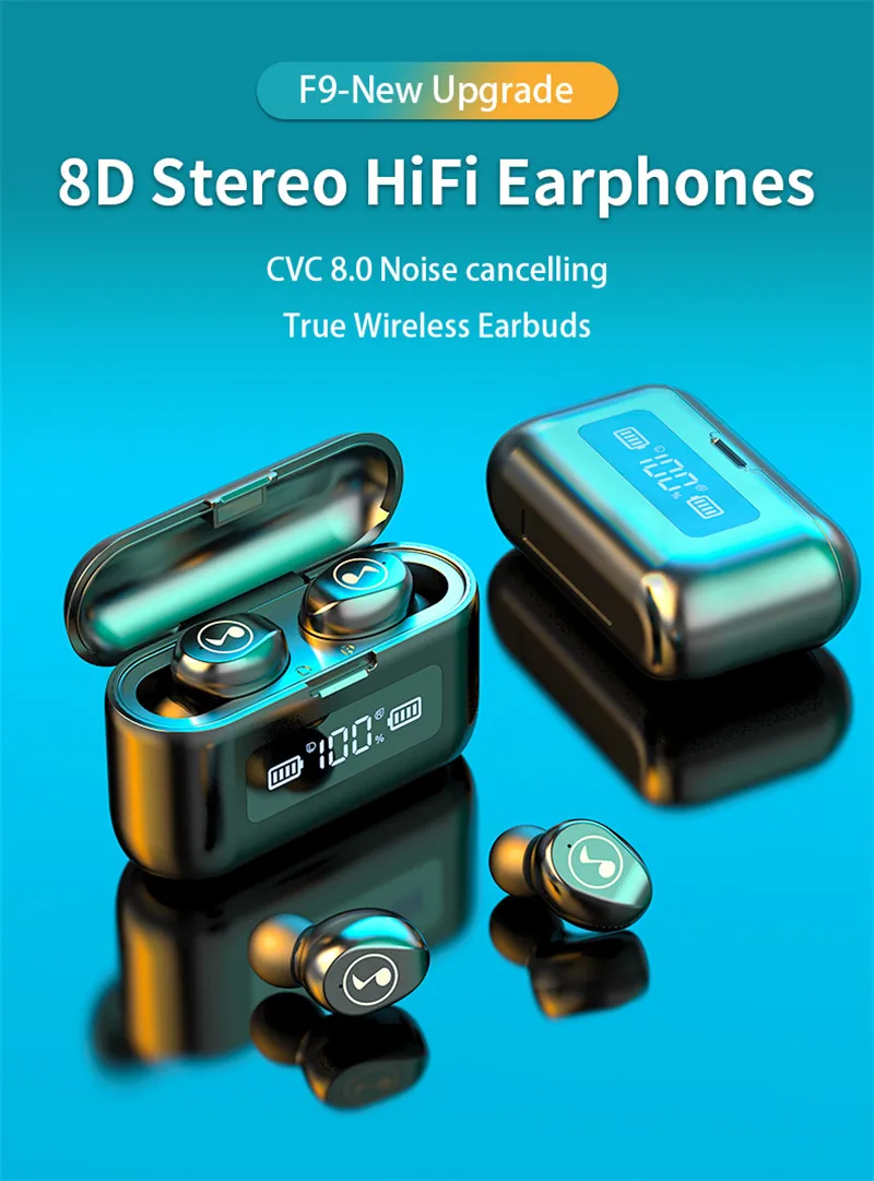1 шт. F9 Беспроводной наушники Bluetooth V5.0 светодиодный Дисплей 2000 мАч зарядным
