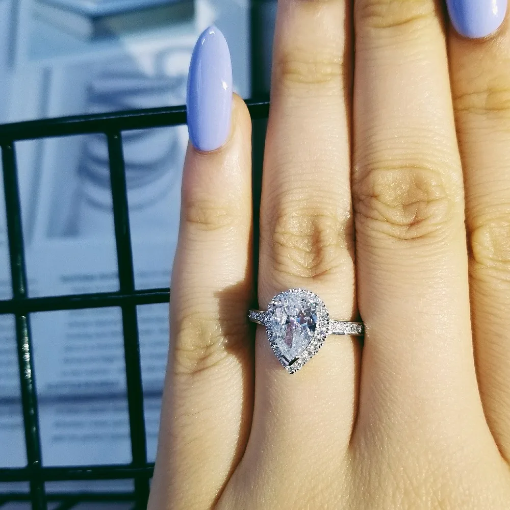 Реальные 925 стерлингового серебра Розовый Груша циркон обручальные кольца для