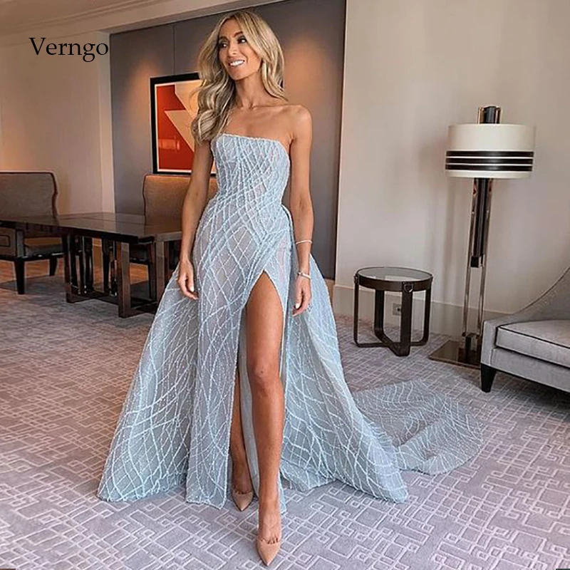 

Verngo Celebrity Dresses Elegant Blue Carpet Dresses Strapless Dita Von Teese Side Slit Evening Gowns