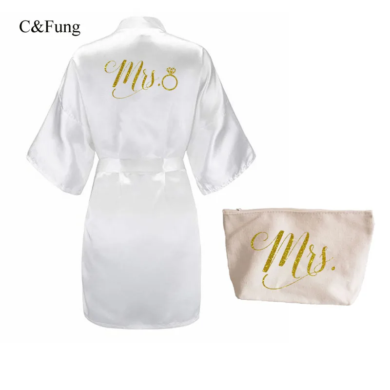 Женский Атласный халат pf Mrs Свадебный комплект из 2 предметов золотистое кимоно с