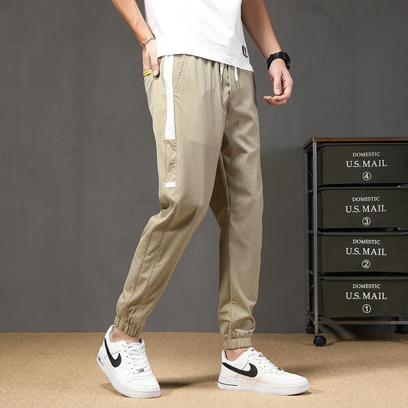 

Patchwork Trousers Men New Ultra-Thin Ice Silk Elastic Waist Casual Sport Pants Male Korean Mid Waist Harem Ankle Length Trouser