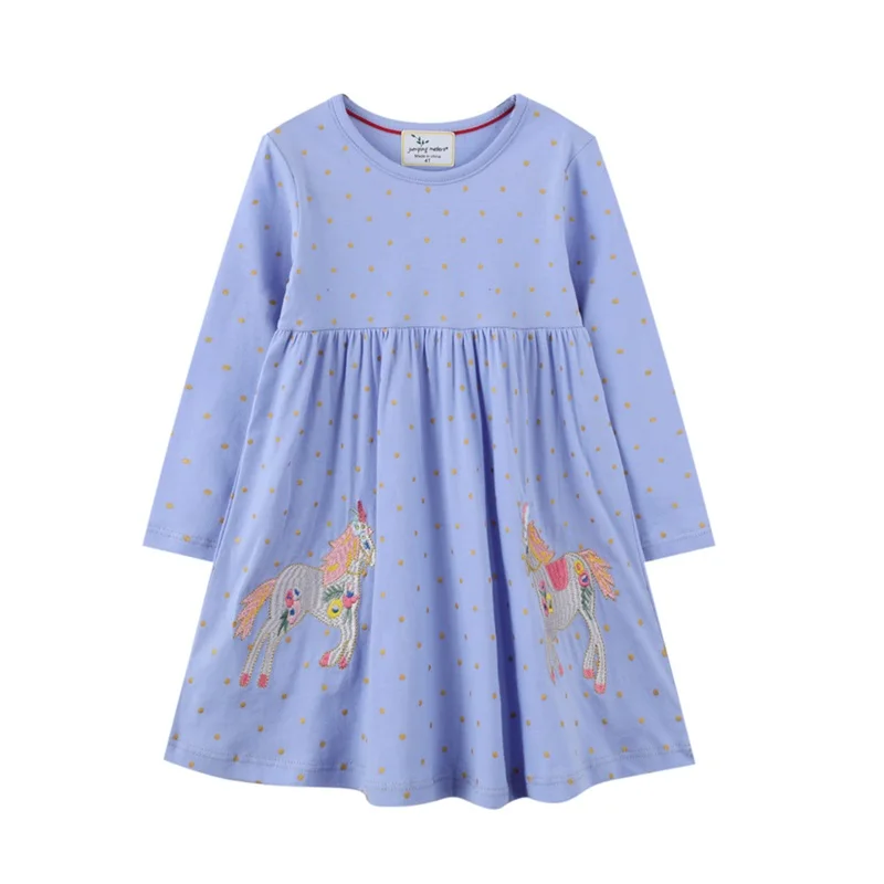 

Girls Casual Dress Autumn Long Sleeve Unicorn Embroidery Yellow Dot Dresses for Children Kids