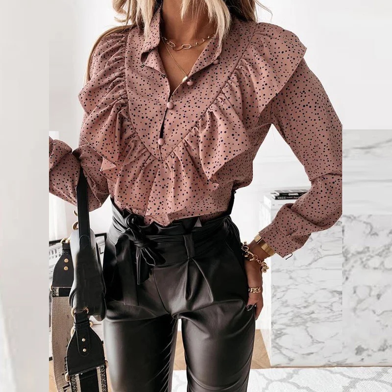 

Womens Leopard Dot Print Shirts Long Sleeve Shirts Casual Lady Office Lapel Elegant Button Tops Women V-Neck Tee T-shirt Spring