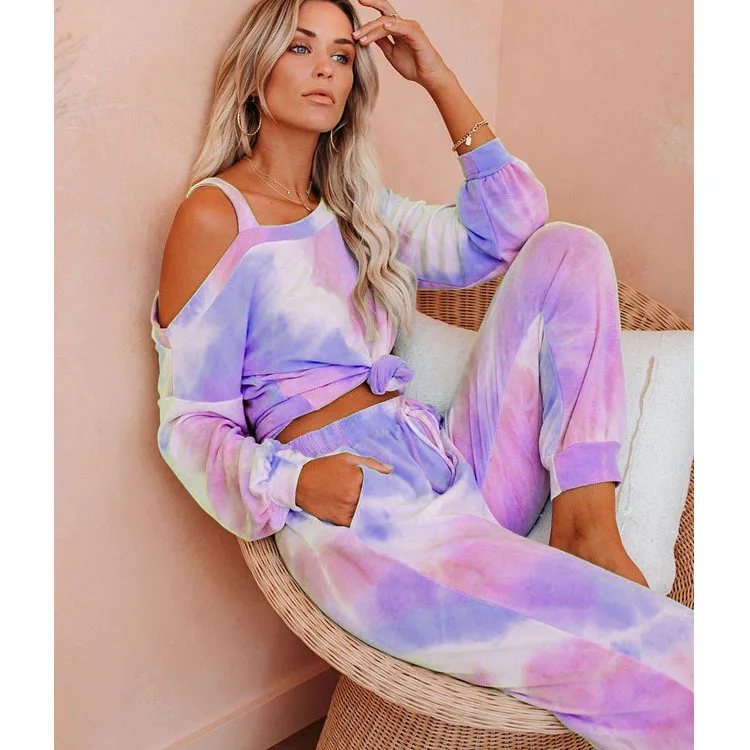 

Explosive Hot Sale New Tie-dye Home Service Casual Suit Strapless Long-sleeved Top and Trousers Women Casual Polyester