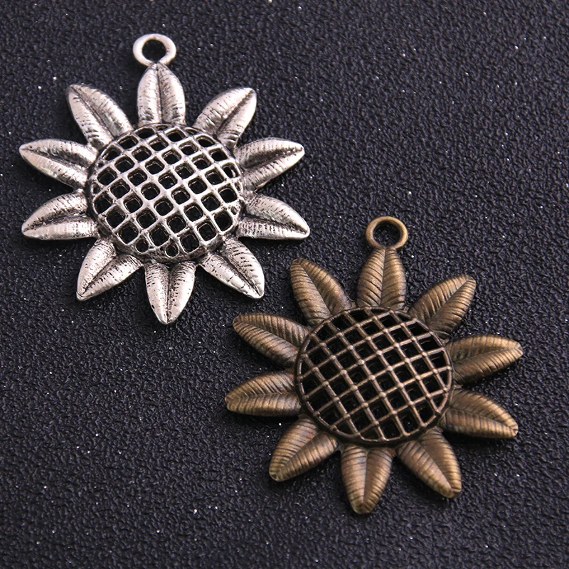 

2PCS 42*49mm 2020 New Product Two Color Sunflower Charm Hollow Pendant Plant Jewelry Metal Alloy DIY Handmade Mark
