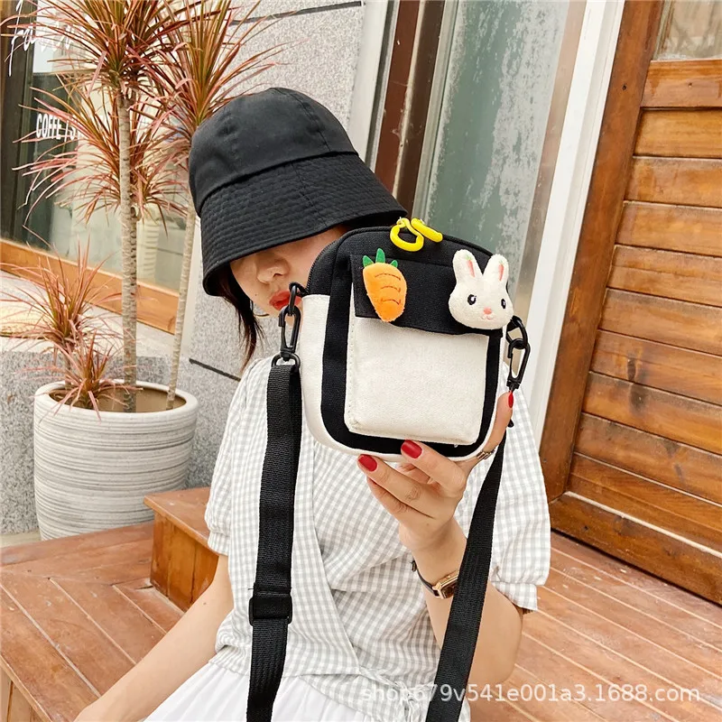 

Korean Ins Fashion Small Bag Canvas Shoulder Bag For Women 2021 Cartoon Lovely Rabbit And Radish Print Crossbody Bag For Girls