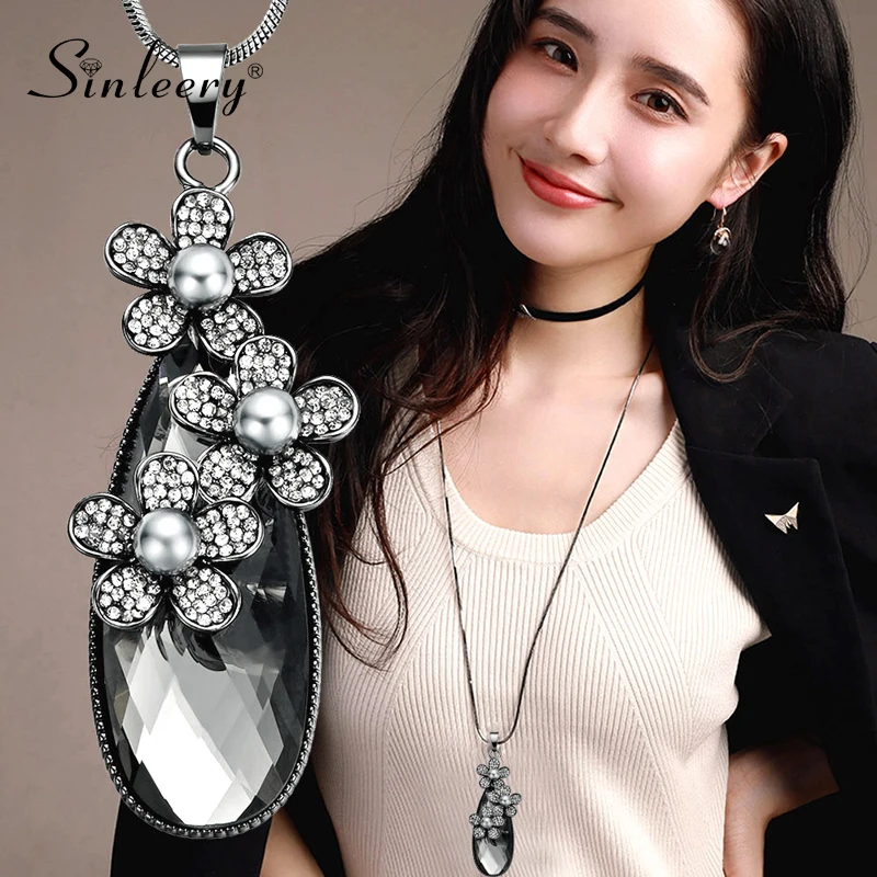 

SINLEERY Vintage Teardrop Flower Pendant Necklace Black Gun Color Chain Gray White Pearl Long Women Necklace Jewelry MY109 SSF