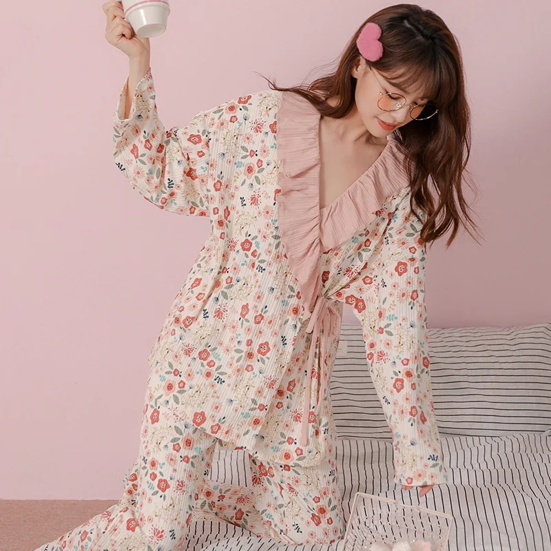Pajamas Women's New Spring and Autumn Sweet Japanese Kimono Long-sleeved Trousers Cardigan Home Service Pajama Set Sleepwear