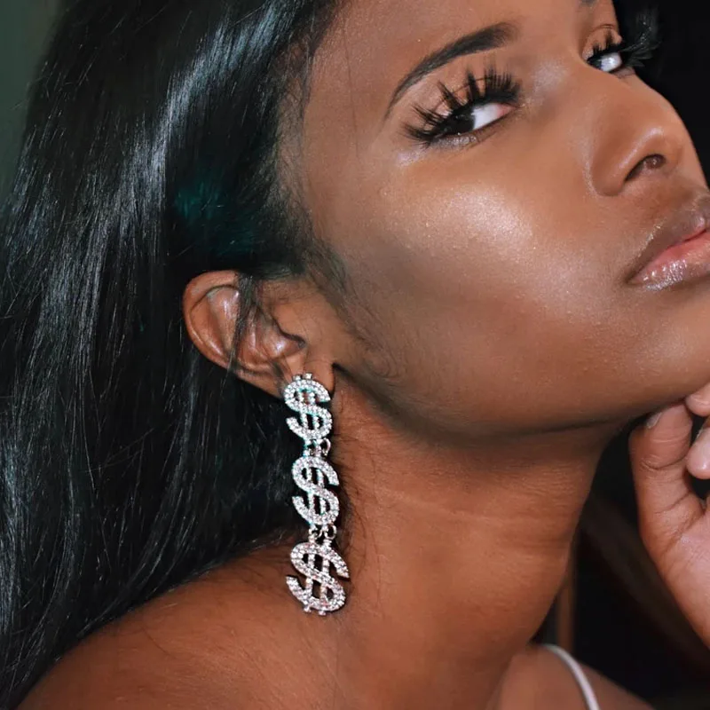 Женские сверкающие серьги подвески со стразами вечерние в форме долларов