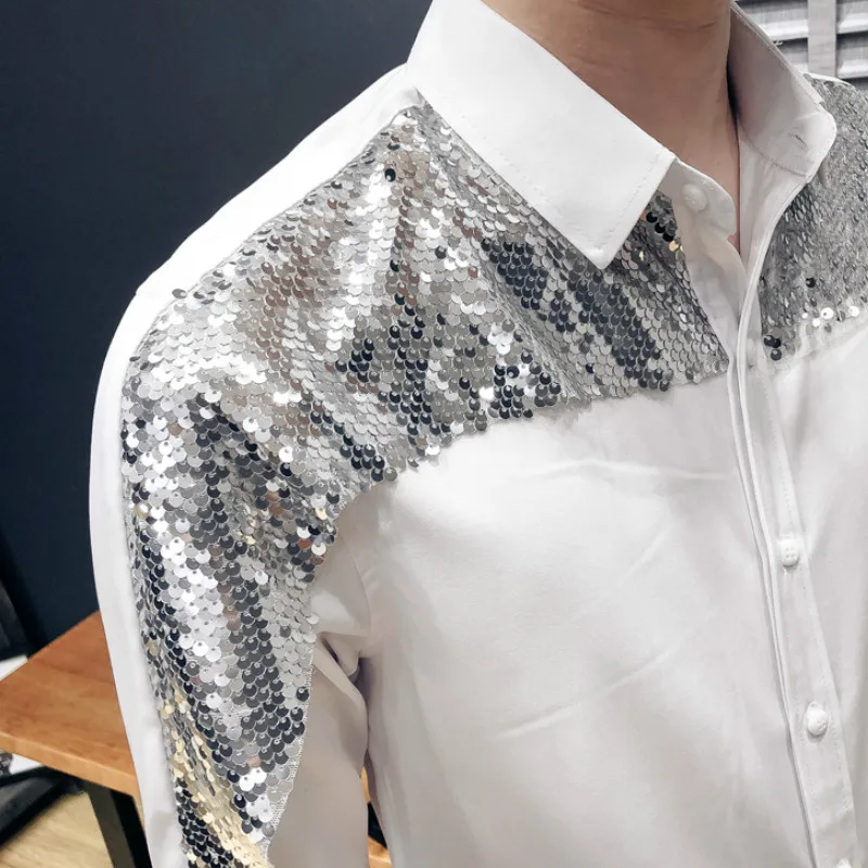 

Tuxedo Shirts Sequin Men Casual Slim Fit Long Sleeve Mens Dress Shirts Night Club Party Prom Streetwear Clothing Social Shirt