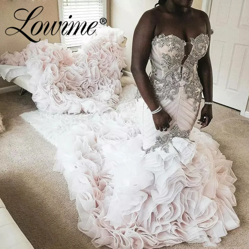 Crystals Pink Wedding Dresses 2021 Tiered Skirt Ruffles Mermaid Wedding Gown Customized Plus Size Bridal Gowns Vestidos De Novia