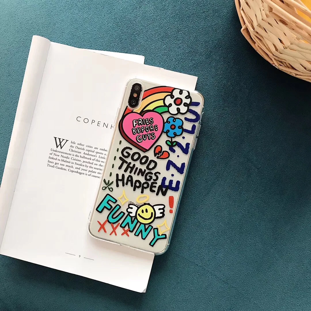 INS graffiti love rainbow flower letters phone case For iphone Xs MAX XR X 6 6s 7 8 plus funny clear soft TPU back Cover Coque |