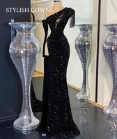 black sexy one shoulder evening dresses tassel birthday party gowns 2022 high slit prom dress sequined full sleeve abiti da sera