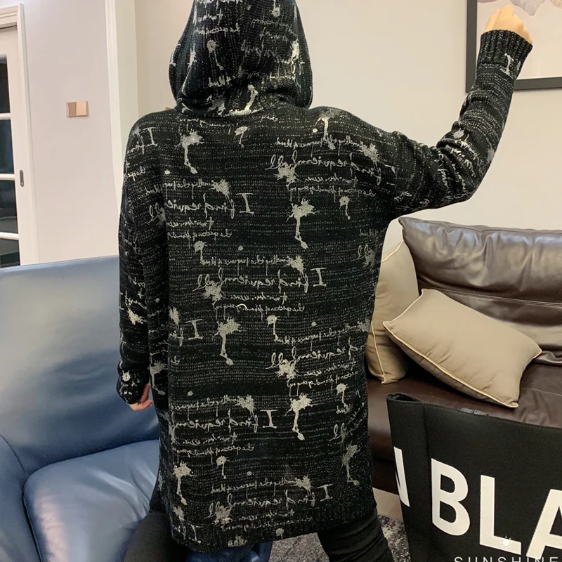 2019 Осень Новый черный золотой принт свитер большого размера женский длинный