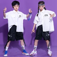 kid hip hop clothing white oversized shirt short sleeve top streetwear summer cargo shorts for girls boys dance costume clothes