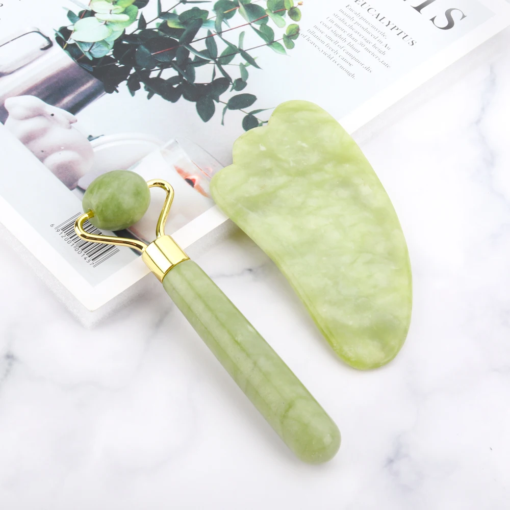 

Natural Jade Roller Facial Massager Guasha Scraping Board Face Lifting Neck Body Slim Massage Tool Skin Beauty Care Set