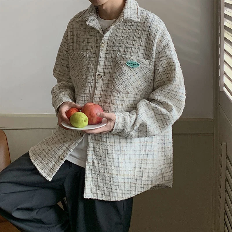 

Мужская рубашка с длинным рукавом, в клетку, свободного покроя