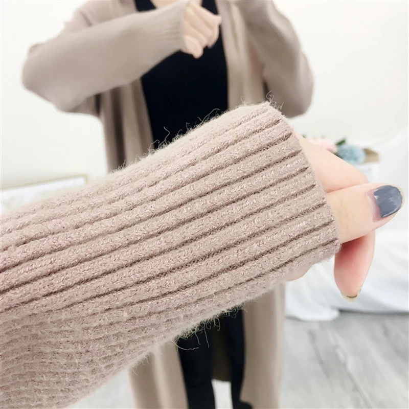 

Women Autumn Winter Full Sleeve Long Sweater Coat Rabbit Fur Open Stitch Knitted Cardigan Jacket Loose Outwear Pockets