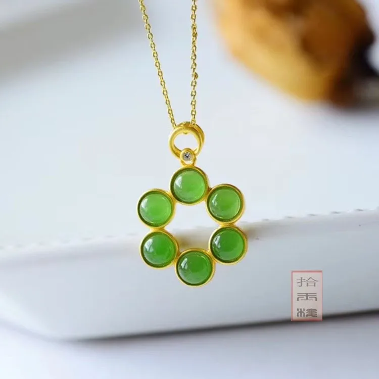 Ожерелье женское из серебра 925 пробы с натуральным зеленым нефритом 5 А|Подвески| |