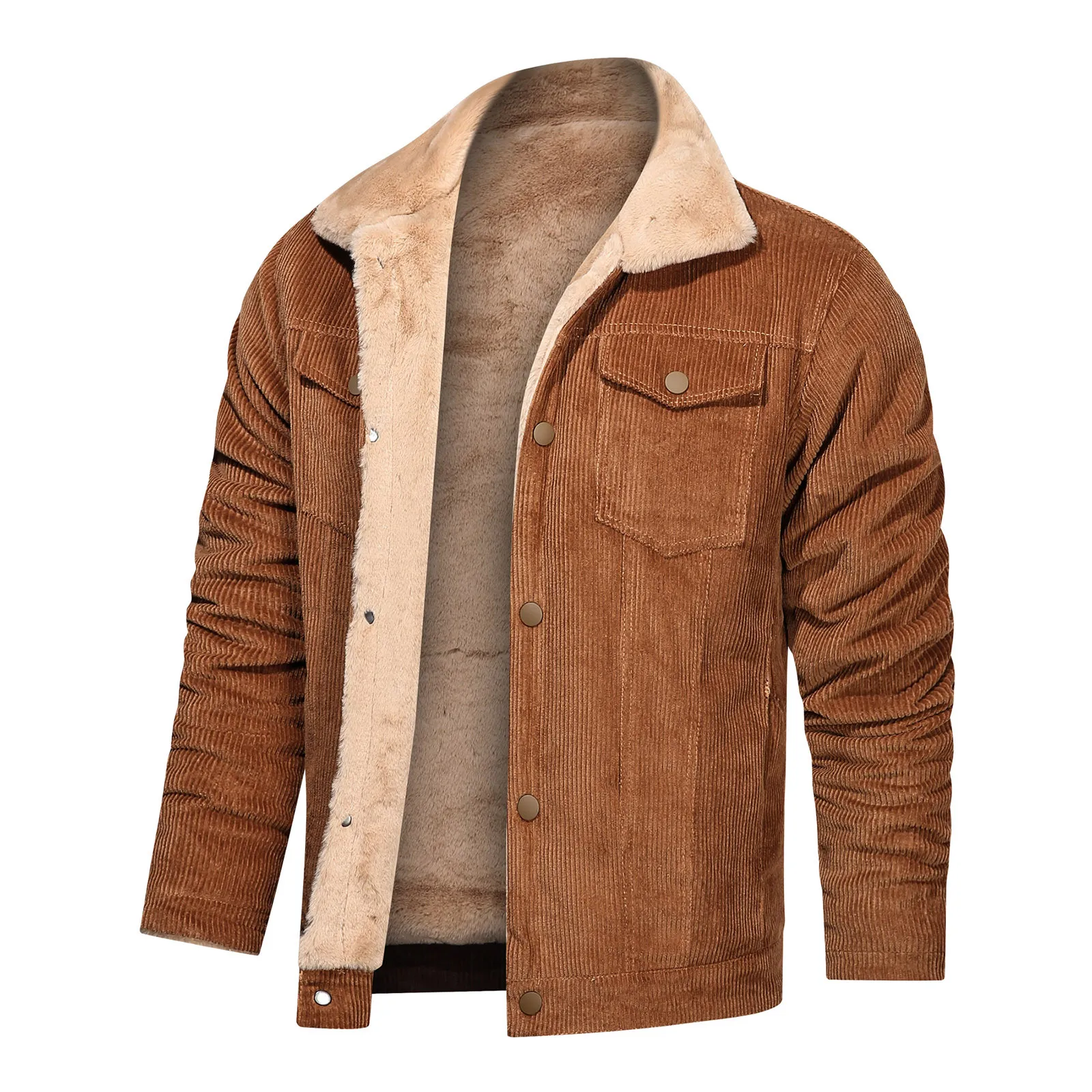 

Men's Jacket Casual Winter Warm Corduroy Plush Jacket Long Sleeve Turn-Down Collar Zipper Pocket Coat Windbreaker Overcoat
