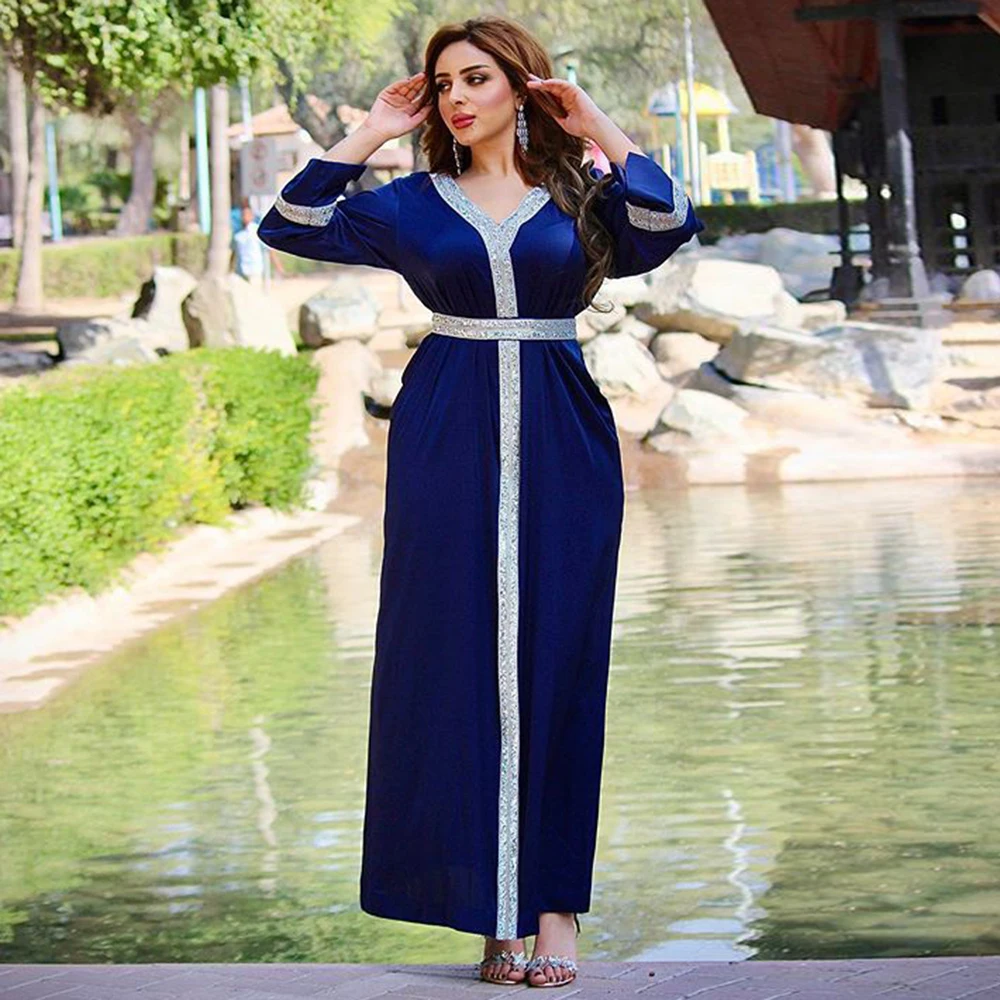

Siskakia Dubai Abaya Dress For Women Luxury Diamond Beaded Ethnic Kaftan Turkey Arabic Muslim Islamic Clothing Autumn 2020 New
